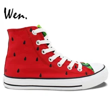 Wen Original Design Custom Hand Painted Shoes Fruit Series Watermelon Red High Top Men Women’s Canvas Sneakers