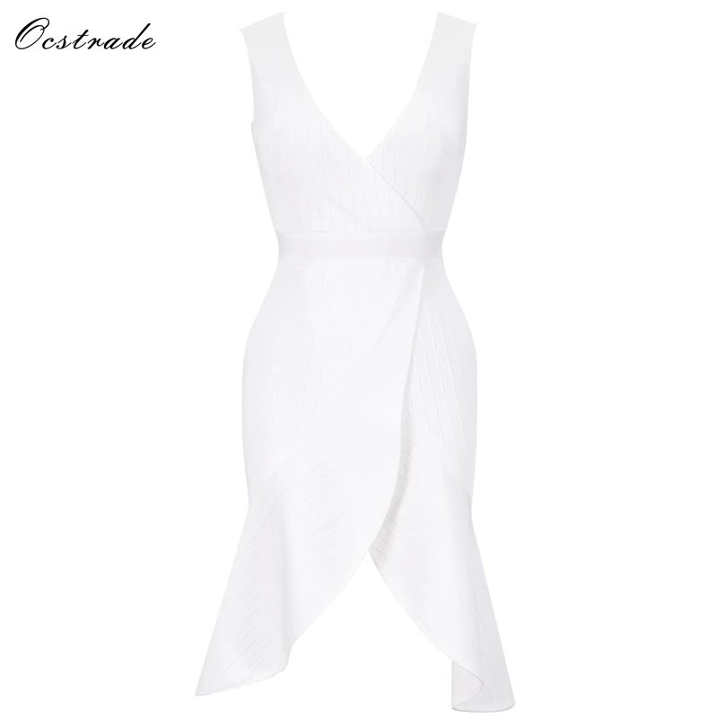 Bandage Sans Robe De V Blanc Sw034 Cours Haute Ocstrade Cou Manches Dépouillé Genou white Qualité Festonnée f17BnaWwnO