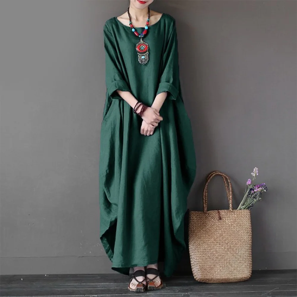 Винтажное хлопковое льняное платье макси, женское однотонное платье с круглым вырезом и длинным рукавом большого размера плюс, женское осеннее платье Vestidos Sukienki - Цвет: Зеленый