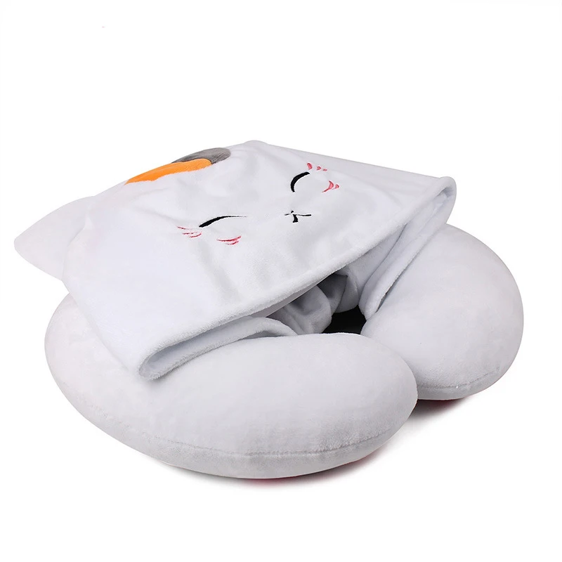 1pcs Cartoon Animals U Shaped Neck Pillow with Hat Nyanko Sensei Portable Travel Hooded Pillow Support Head Rest Neck Cushion