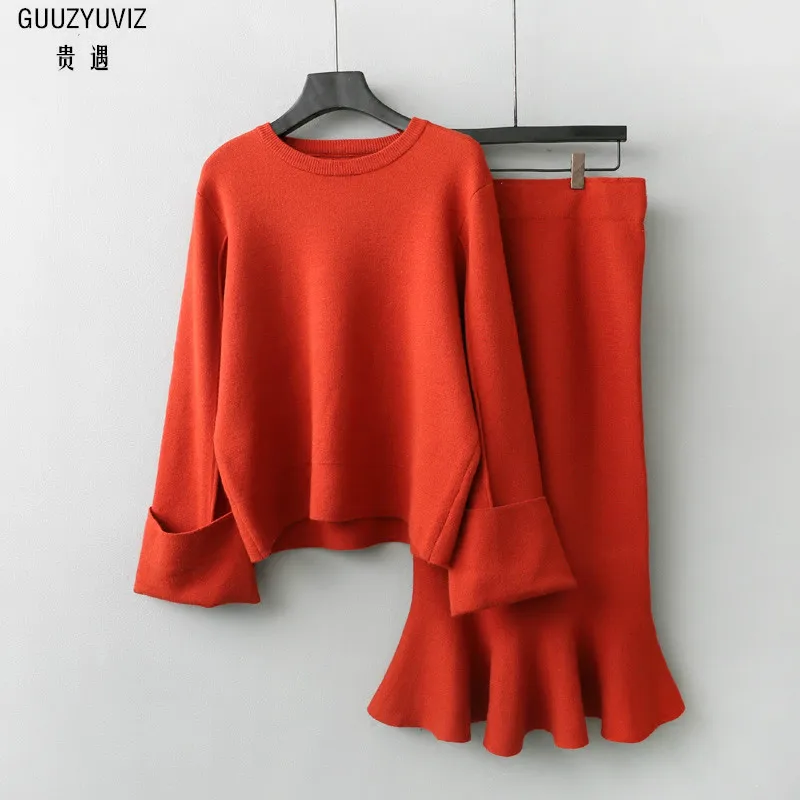 

GUUZYUVIZ Knitted Two Piece Set Top And Skirt Solid Thicken Pullover Warm Sweater Outfits Ruffle Bodycon Skirt Suit Women 2018