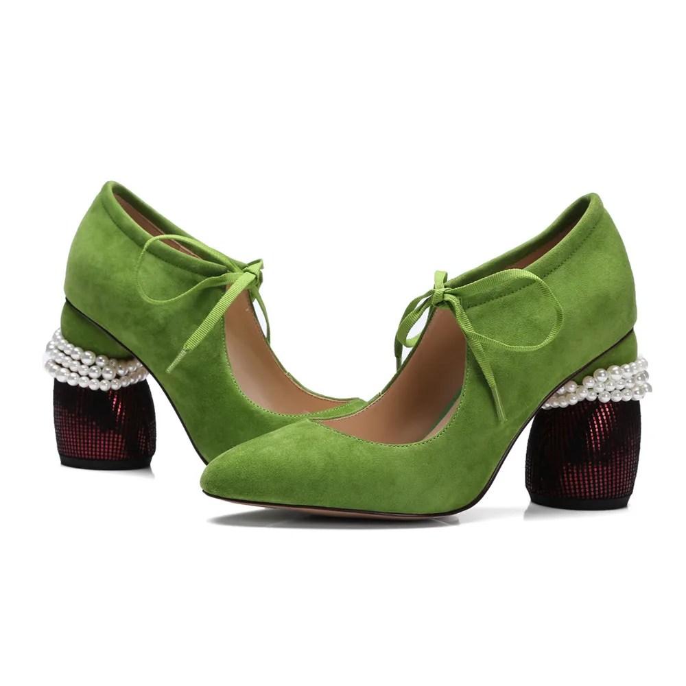 green Grueso Lace Mujer Toe Punta Primavera Tacón Altos Up Smirnova Cuero Tacones 2018 Zapatos Otoño Mujeres Negro De Bombas Gamuza Moda Xfxn8wRq0P
