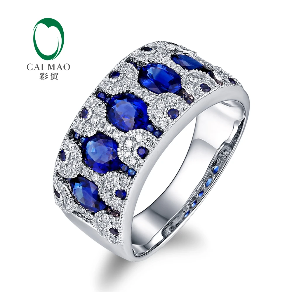 Caimao Jewelry 18k White Gold 0.24ct Natural Diamond & 1.33ct Sapphire Ring