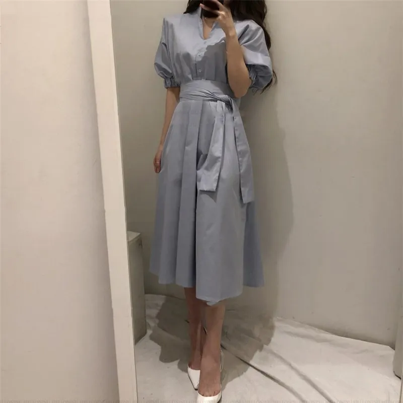 

2019 Casual Female Solid Midi Dress Fashion Women High Waist A-Line Dress Lantern Sleeve Short Sleeve Summer Sashes Dress