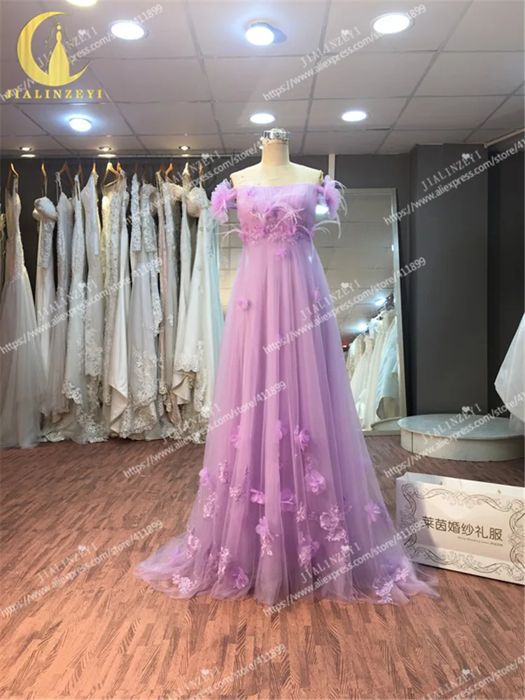 JIALINZEYI реальная фотография Сексуальная фиолетовая рука цветы с пером для беременных А-силуэт платья для выпускного вечера вечерние платья