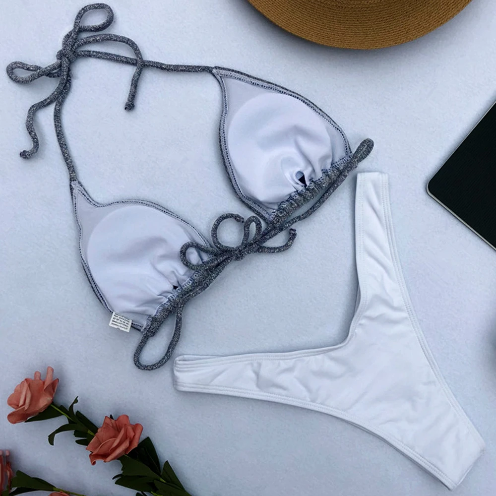 Sexy Shiny Bikini Set Bling Swimsuit White Bikinis Women Bandeau