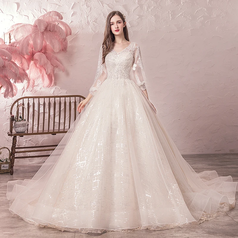 SSYfashion бальное платье в пол с v-образным вырезом, длинными рукавами и шнуровкой на спине, белые свадебные платья с коротким шлейфом, Роскошные свадебные платья - Цвет: train