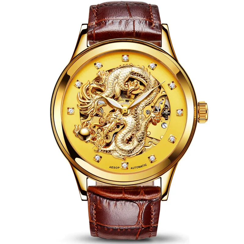 AESOP роскошные золотые автоматические механические часы, китайские мужские часы с драконом, мужские сапфировые наручные часы, мужские часы, мужские часы - Цвет: Gold brown B