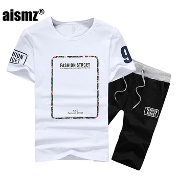 

Aismz Men Sportswear Sets Male Two Piece Set 2018 Summer Outwear Men Printed Cotton T-shirt + Shorts Sets Male Tracksuit