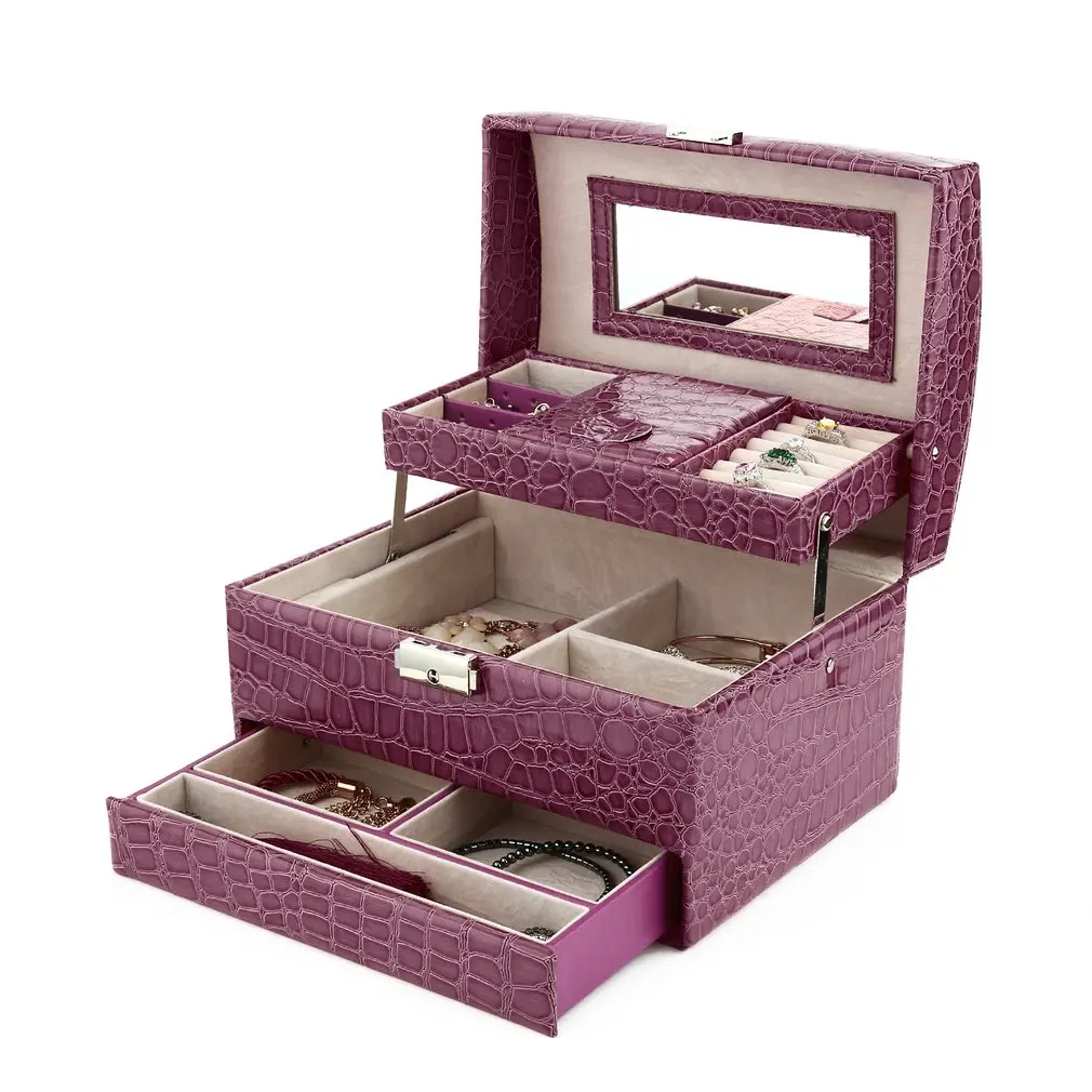 

3 Layers Leather Jewelry Display Box with Mirror Ring Necklace Bracelet Storage Carrying Case Organizer for Women