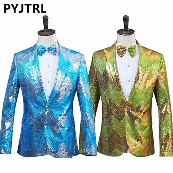 

PYJTRL New Men Gradual Blue Green Sequins Shiny Party DJ Singer Stage Show Suit Jacket Wedding Prom Performance Blazer Design