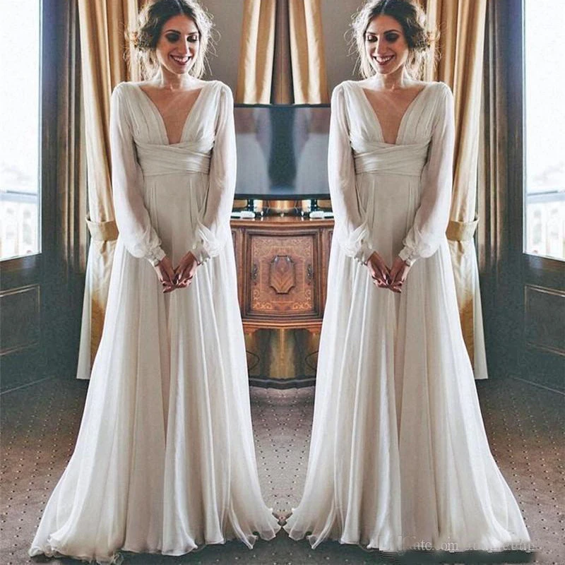Modest Boho Beach Wedding Dresses 2019 Long Sleeves V Neck Plus