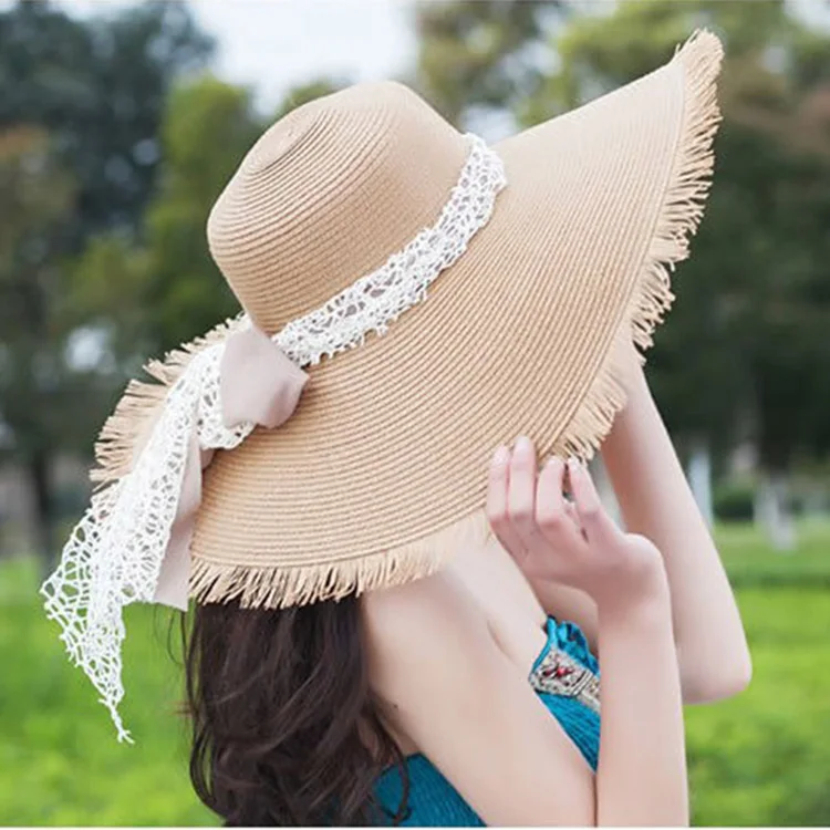 Sombrero Floppy Grande Para Mujer, Sombrero De Paja De Trigo Con Lazo
