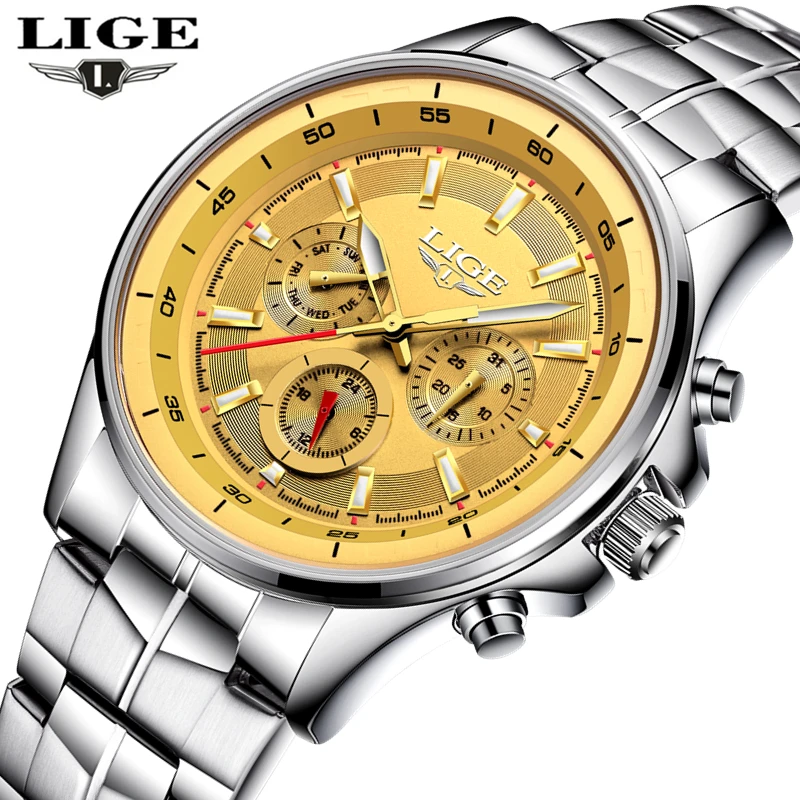 

LIGE Luxury Brand Men's Watches Gold Watch Men Quartz Clock Full Steel Strap Casual Sport Military Watch Wrist Relogio Masculino