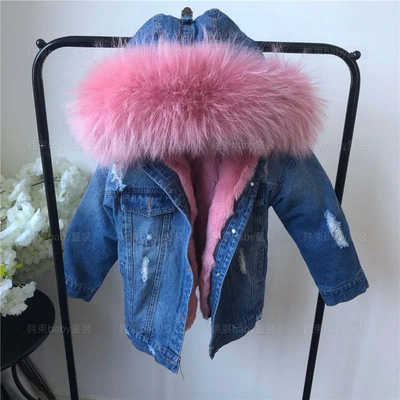 

2018 new children's clothing detachable rabbit fur liner super large fur collar denim jacket coat winter Mother&Daughter Parkas