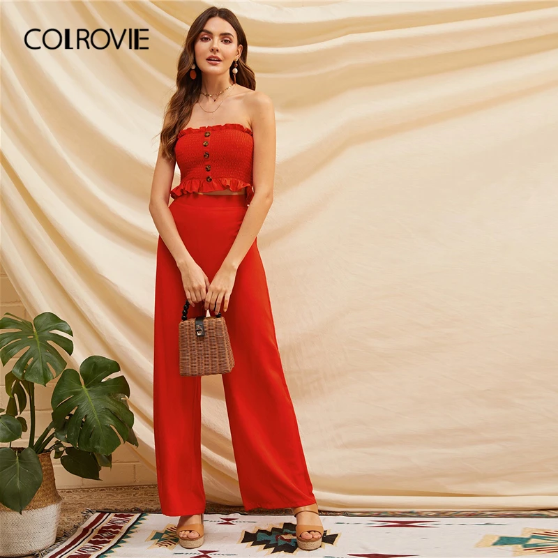 

COLROVIE Red Button Frill Shirred Bandeau Top And Wide Leg Pants Boho 2 Piece Outfits For Women 2019 Holiday Sexy Two Piece Set
