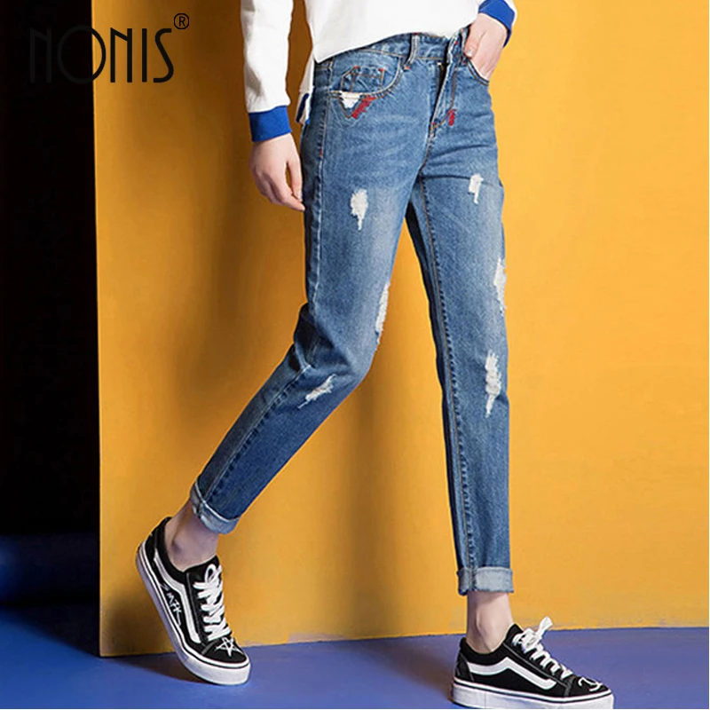 

Nonis Fashion Casual Women Brand Vintage High Waist Skinny Denim Jeans Slim Ripped Pencil Jeans Hole Pants Female Girls Trousers