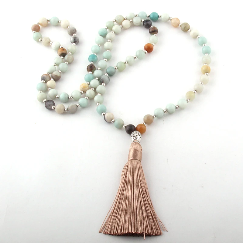 Fashion Bohemian Tribal Beige Tassel Yoga Jewelry Amazonite Stone Buddha Necklace For Women Lariat Necklaces