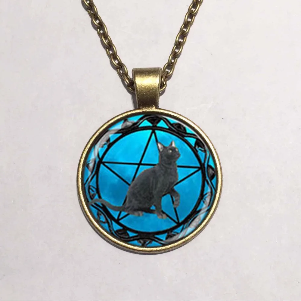 New Black Cat Necklace ,Wicca Pentagram blue Gras ground Glass Jewelry