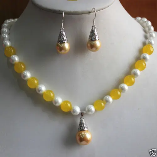 

huij 003857 New Jewelry 8mm Mixed Colors Shell Pearl/Jade Necklace Earring Pendant set
