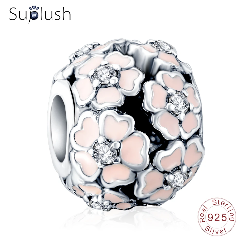 

Suplush Floral Charms Bead 925 Sterling Silver Pink Enaml Primrose Meadow Charm Beads fit Original Pandora Jewelry DIY PSMB0003