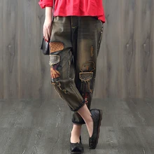 Национальный Ветер женщина мыть джинсы вышивка литературный Сен женской линии Свободные Дикий повседневные штаны-шаровары девять очков джинсовые штаны