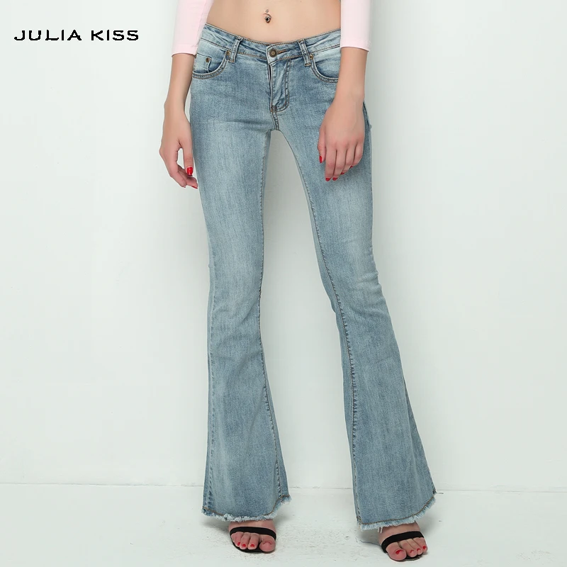 Calças de Brim para Mulheres 2020 do Vintage de Cintura Baixa Incendiar Elásticas Estilo Retro Fundo Sino Magro Calça Jeans Feminina Azul Escuro Denim Perna Larga Calças