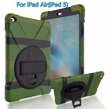 

For iPad Air 9.7" Rugged Case, Heavy Duty 3-Layer Cover Case Anti-slip Armor w/ 360 Swivel Stand, a Hand Strap & a Neck Strap