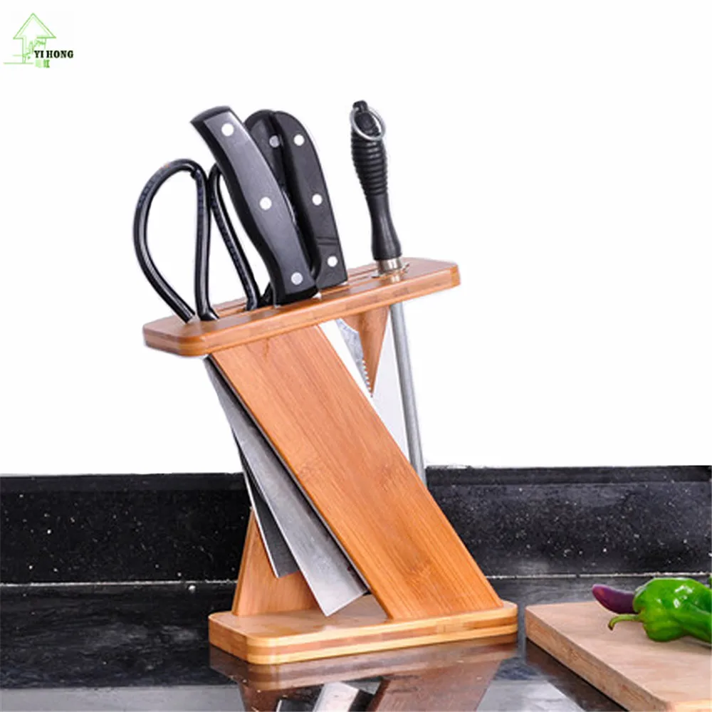 YI HONG Creative Z Shape Natural Bamboo Knife Block Multi purpose Scissors Sharpener Kitchen