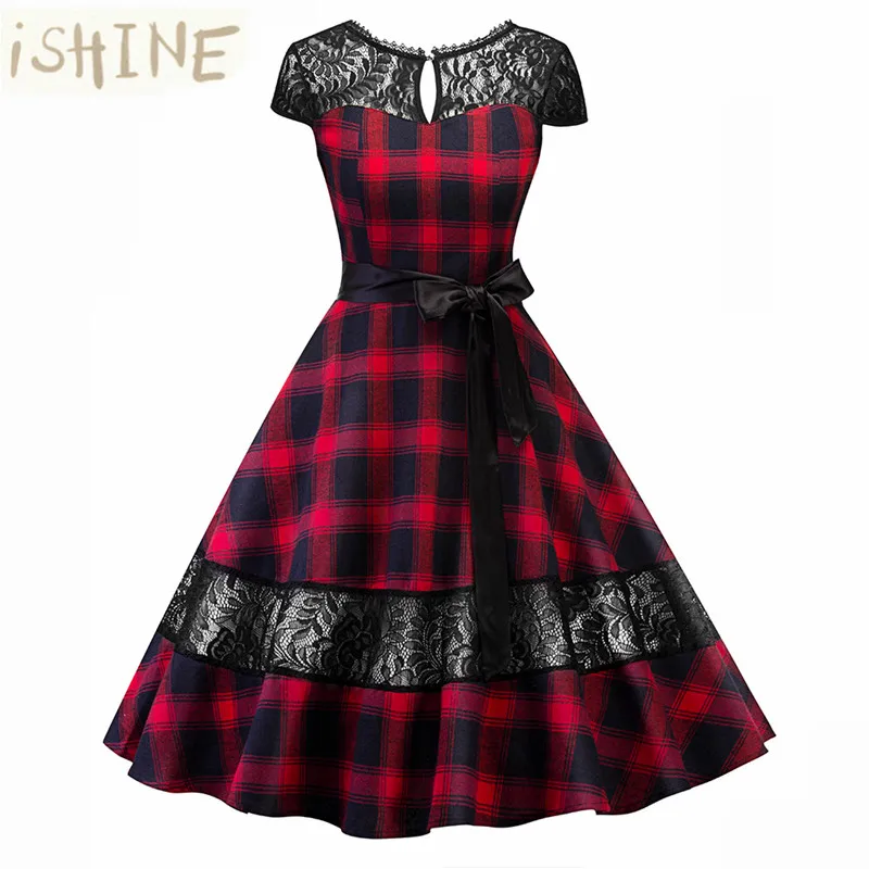 ISHINE Classic England Plaid Pattern Print Women Dress Vintage 50s 60s Retro Rockabilly Robe Party Dresses 2018 Summer Vestidos | Женская