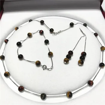 

Natural 6 mm 3 colors red blue and yellow tiger's eye stone Tibetan silver bracelet 7 inches necklace 18" earrings set