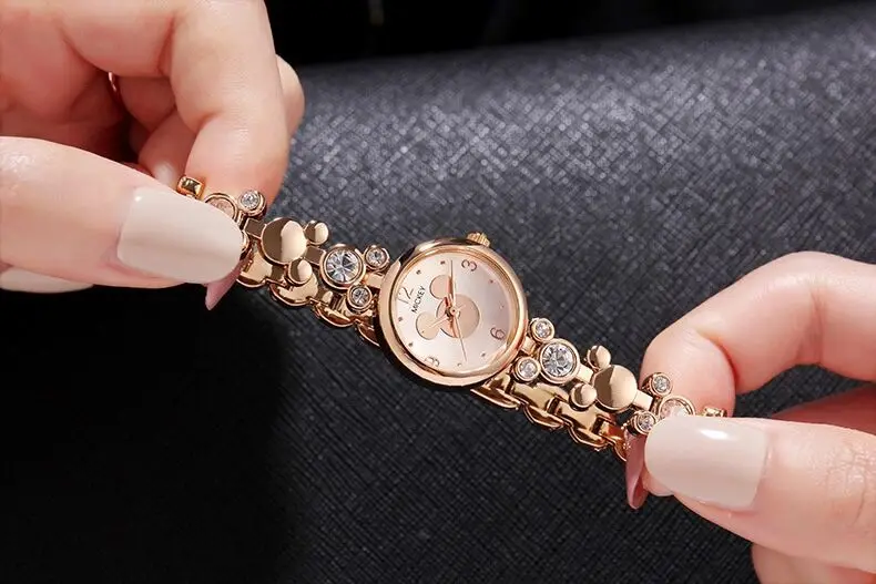Женские часы-браслет, розовое золото, бренд disney, женские часы, нержавеющая сталь, Микки Маус, Роскошные, с бриллиантами, 30 м, водонепроницаемые, наручные часы