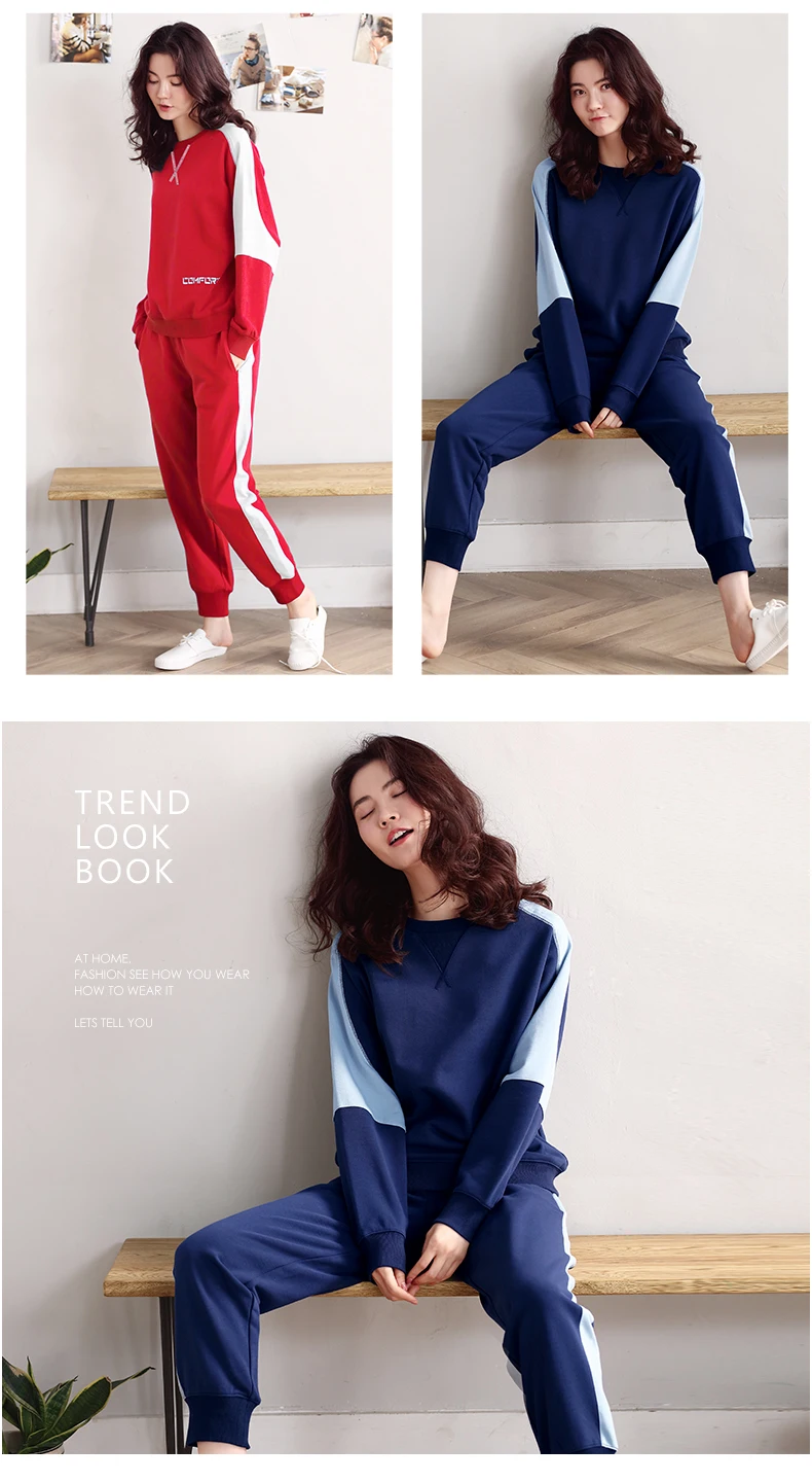 Women's sports pajamas autumn cotton long-sleeved home service size ladies suit loose tops plus elastic pants two sets of women's pajamas (23)