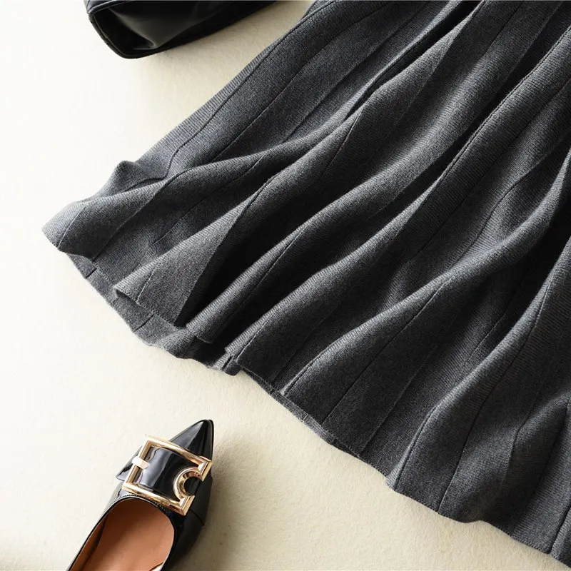 Популярная женская Шерстяная трикотажная юбка, плиссированные цветные шерстяные юбки, эластичная резинка на талии, один размер, свободный размер, черный, серый