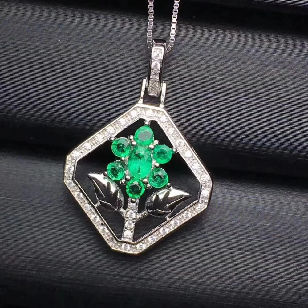  Collier pendentif fleurs naturelles vert émeraude collier S925 argent pierres précieuses naturelles