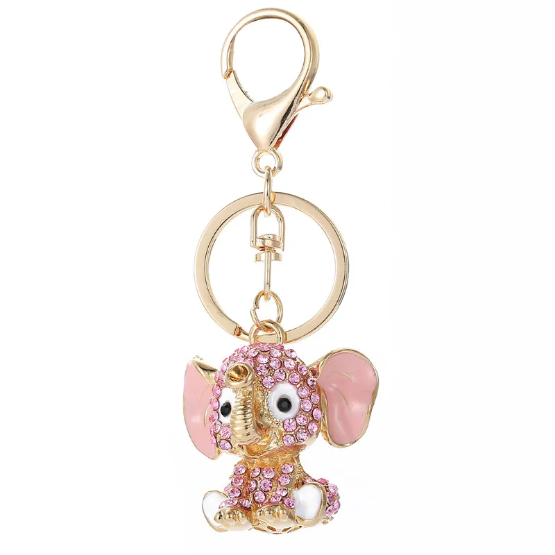 Pink Elephant Keychains Crystal Key Ring Purse Bag Rhinestone CZ