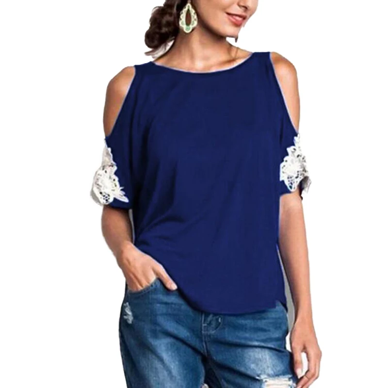 

Fashion Women O-neck Off Shoulder Summer Lace Hollow Out Patchwork Loose Causal Short Sleeve Casual Tops T-Shirt Plus Size 5XL