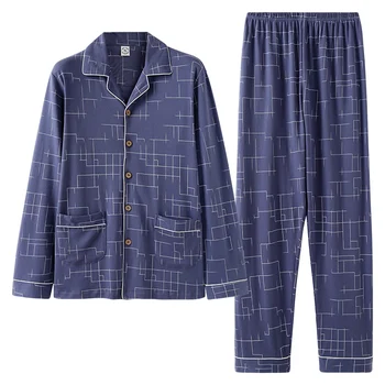 

Mens Pajamas Autumn 100%Cotton Pijama Hombre Pajama Set Long Sleeve Turn-down Collar Loose Plus Size Male Lounge Sleepwear Suit