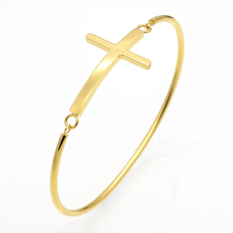 

Fashion Colour Gold Sideways Cross Faith Christian Stainless Steel Cross Bracelet Simple Tiny Small Horizontal Cross Bracelets