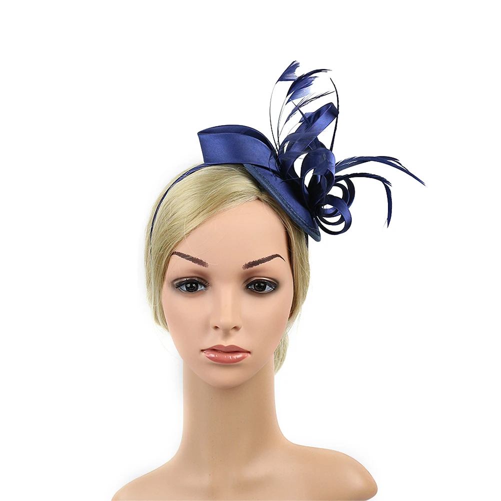 Свадебная тиара атласные перьевые аксессуары для волос сетчатая голова цветок сцена вечерние Шпилька, шляпка(темно-синий - Цвет: Тёмно-синий