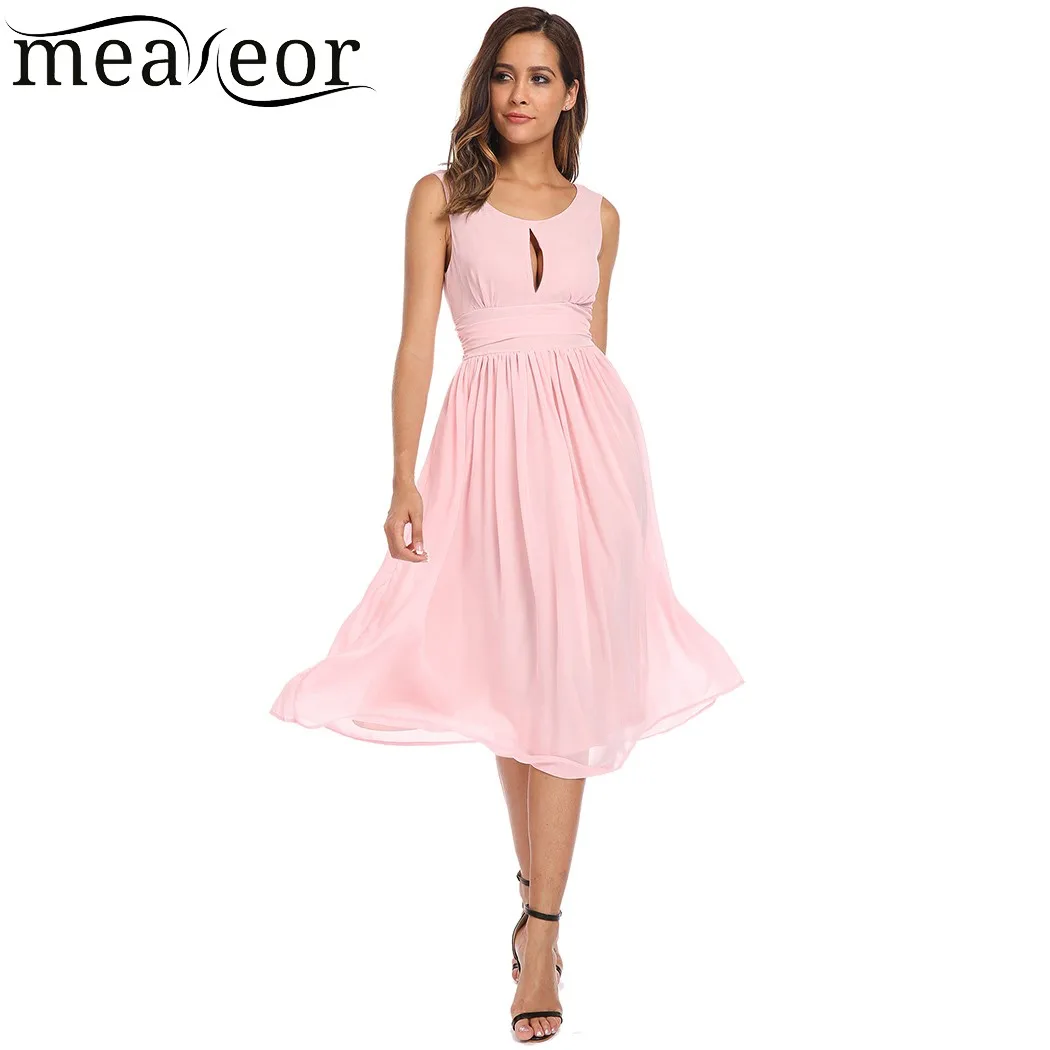 Meaneor Keyhole Backless Ruched Waist Chiffon Pleated Dress Women O-Neck Sleeveless Party Dress Sexy Summer Girl Dress Vestidos Dresses