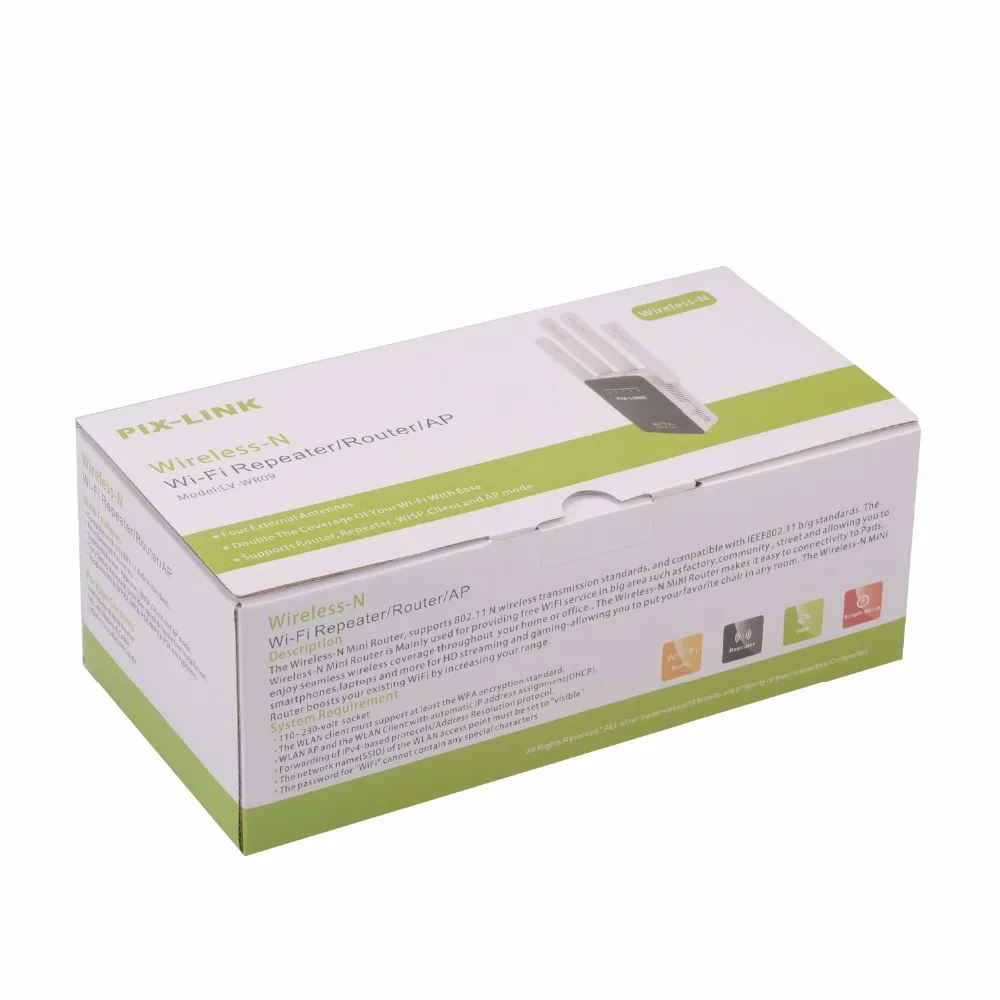 mesh wifi router PIXLINK WR09 Ban Đầu Không Dây Wifi Repeater Tốc Độ 300Mbps Đa Năng Tầm Xa Router Với 4 Ăng Ten AP/Router/Repeater 3in1 Chế Độ home wifi signal booster