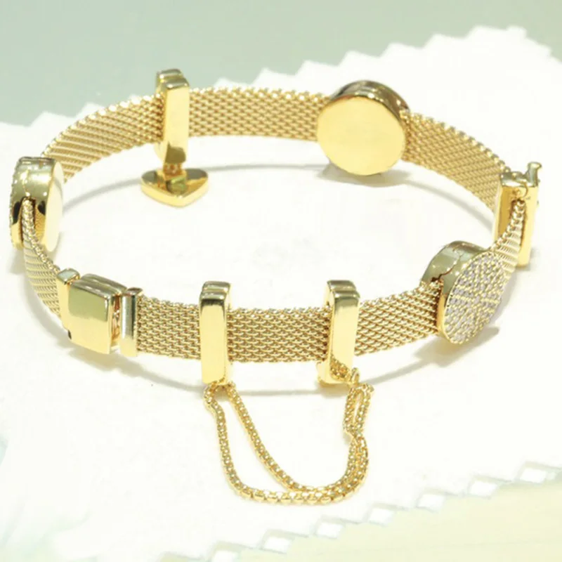 

NEW 100% 925 Sterling Silver Reflexions Bracelet Set Shine Gold Round Elegant Fit European DIY Original Charm Bead Jewelry Gift