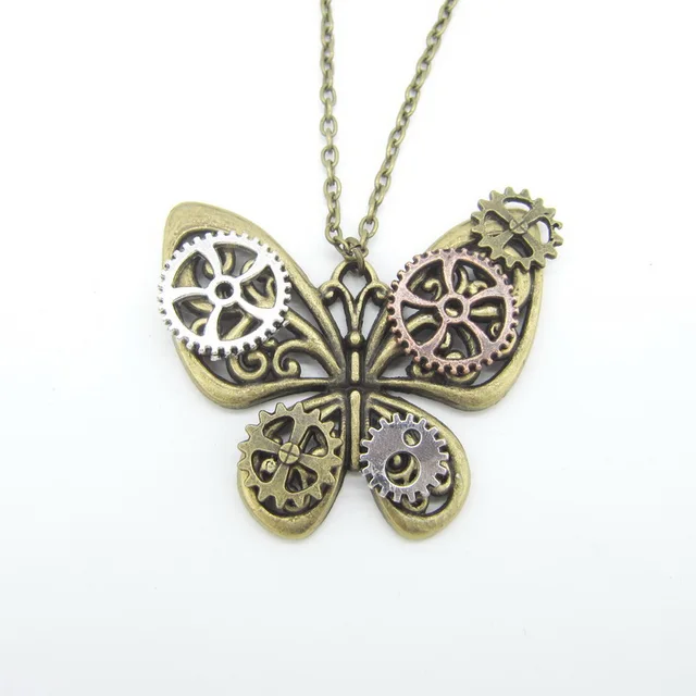 Reviews Hot Sale Pretty Butterfly with Gears Wings DIY Women`s Steampunk Pendant Necklace in Vintage Colors