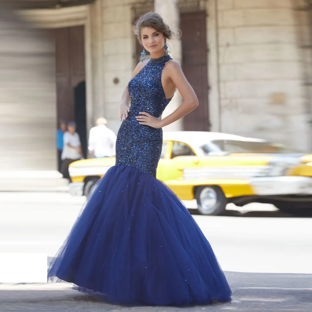 

Vestido De Festa Mermaid Navy Blue Off Shoulder Formal Dresses 2020 Sequins Beaded Prom Gowns Pageant Dress Robe De Soiree