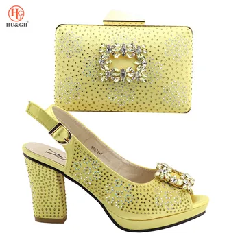 

New Arriv Yellow Color African Shoes And Bag Set Decorated With Rhinestone Nigerian Women Wedding Shoes And Bag Set 4 Colors