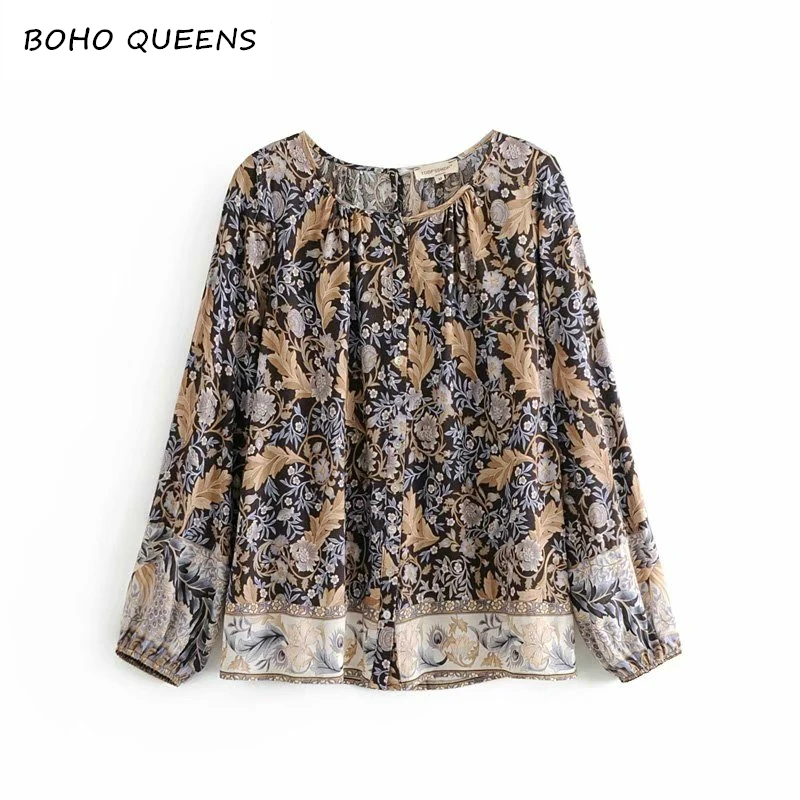 

Vintage Chic fashion women bohemian floral printed o-neck lace-up Boho blouse shirts long sleeve shirts female elegant blusas