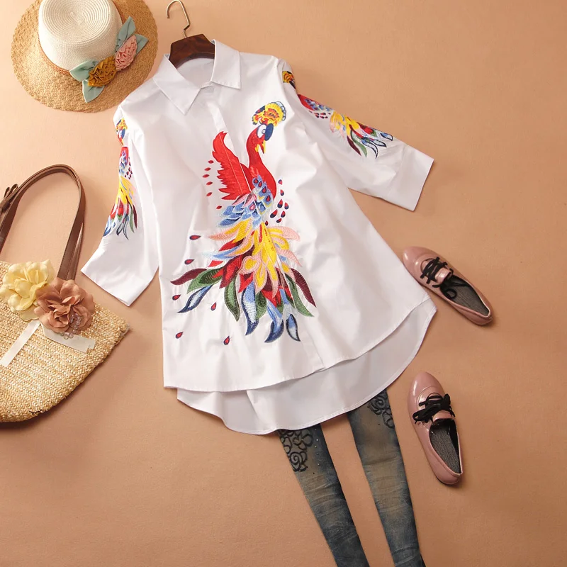 Большие размеры с воротником стойкой вышивка женские топы свободный Тонкий