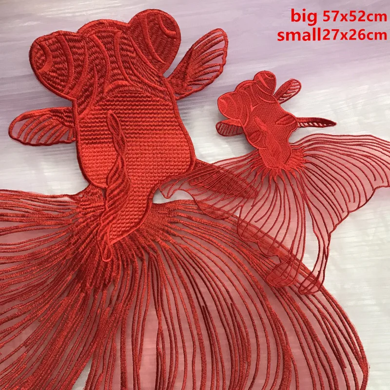 Высокое качество платье из органзы с вышивкой красный нашивка "Золотая рыбка" с супер крупной рыбы Ткань наклейки для детей для художественного оформления ногтей, ручная работа нашивки аппликация