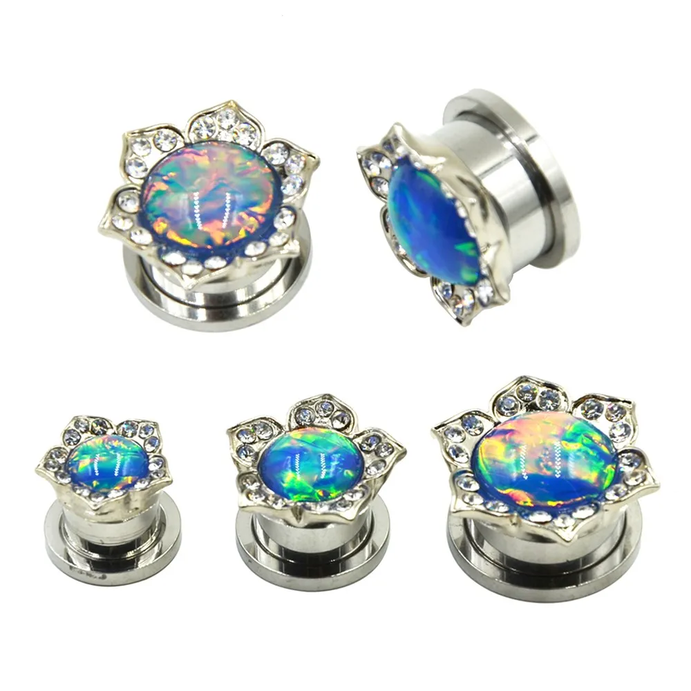 2pcs Charming Flower Opal Gem Ear Flesh Tunnel Screw Fit Ear Plugs